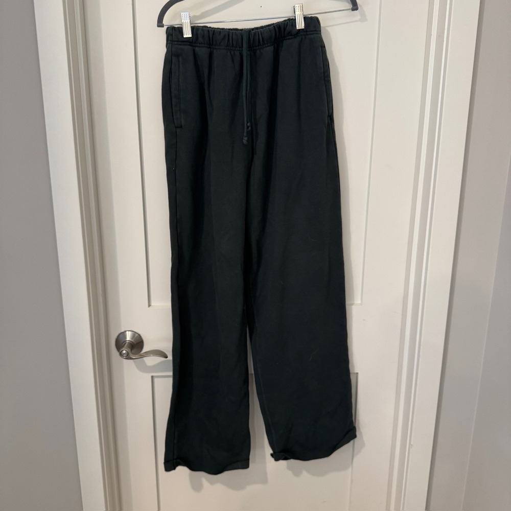 Wide Leg Raw Hem Sweatpants Black Cotton Blend Drawstring Pockets XS RN 158973